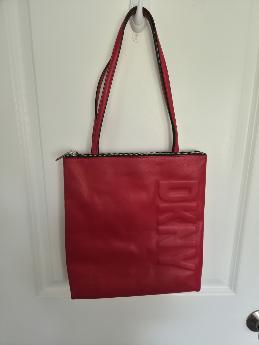 DKNY Red Embossed Leather Zip-Top Shoulder Tote